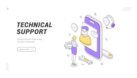 Technical Support banner template. Isometric vector illustration shows a clie Stock Illustration