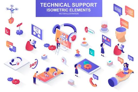 Technical support bundle of isometric elements. Stock Illustration