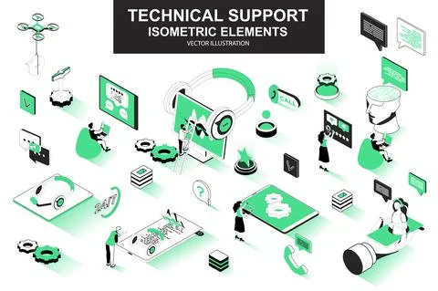 Technical support bundle of isometric elements. Chatbot, call center operator Stock Illustration