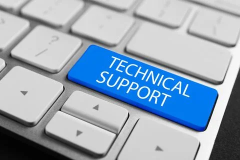 Technical Support button blue on computer keyboard, closeup Stockfoto's
