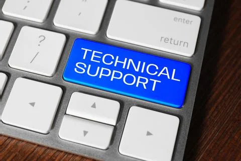 Technical Support button blue on computer keyboard, closeup Stock-Fotos