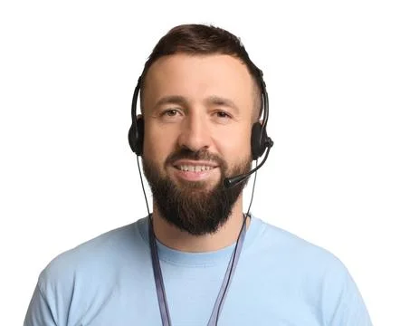 Technical support call center. Portrait of smiling operator on white backgrou Stock Photos