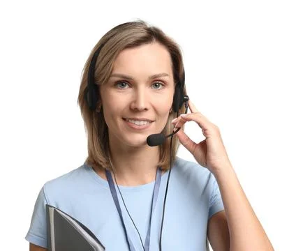 Technical support call center. Portrait of smiling operator on white backgrou Stock Photos