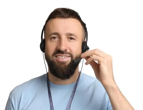 Technical support call center. Portrait of smiling operator on white backgrou Stock Photos