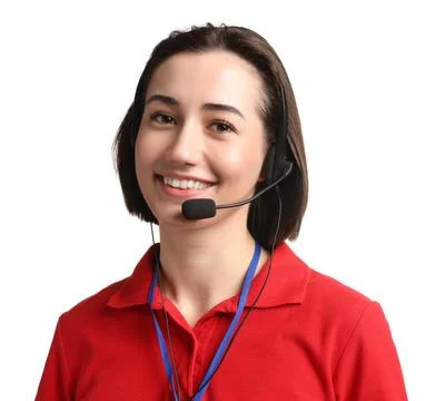 Technical support call center. Portrait of smiling operator on white backgrou Stock Photos