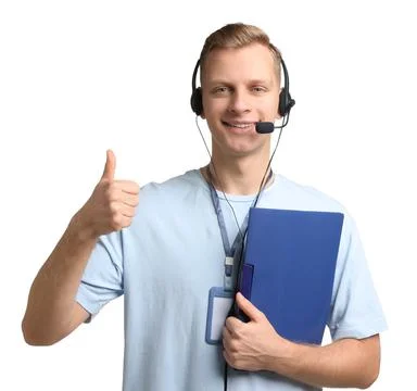 Technical support call center. Smiling operator with folder showing thumbs .. Stock Photos