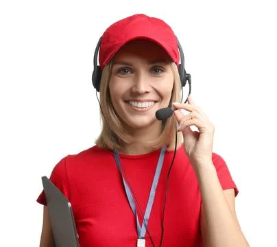Technical support call center. Smiling operator with laptop on white backgrou Stock Photos