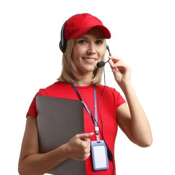 Technical support call center. Smiling operator with laptop on white backgrou Stock Photos