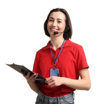 Technical support call center. Smiling operator with clipboard on white bac.. Stock Photos