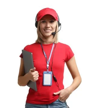 Technical support call center. Smiling operator with laptop on white backgrou Stock Photos