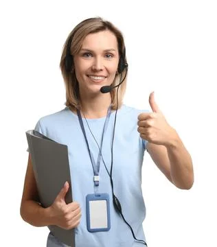 Technical support call center. Smiling operator with folder showing thumbs .. Stock Photos