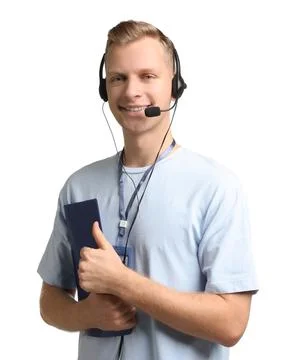 Technical support call center. Smiling operator with folder on white backgrou Stock Photos