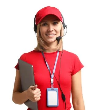 Technical support call center. Smiling operator with laptop on white backgrou Stock Photos