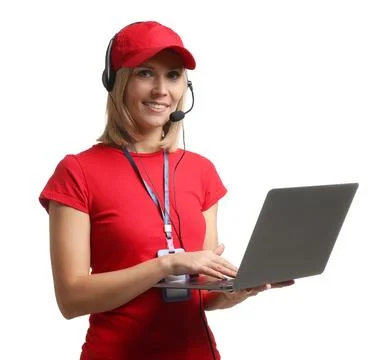 Technical support call center. Smiling operator with laptop on white backgrou Stock Photos