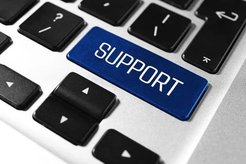 Technical support. Computer keyboard with word on blue button, closeup 스톡 사진