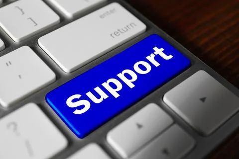 Technical support. Computer keyboard with word on blue button, closeup 스톡 사진