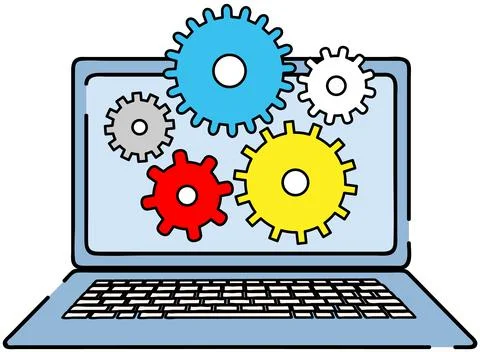 Technical support, computer service concept. Gear icons on screen, software Stock Illustration