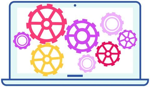 Technical support computer service concept. Gear icons on screen Installation of Stock Illustration