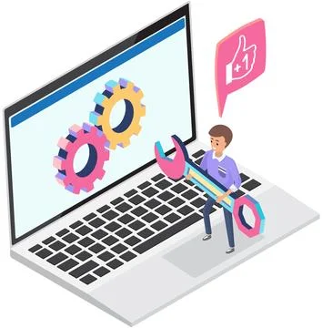 Technical support, computer service concept. Service engineer with tool and gear Stock Illustration