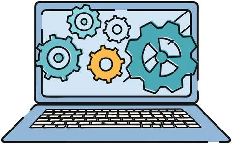Technical support, computer service. Gears on screen of laptop. Program for Stockillustratie