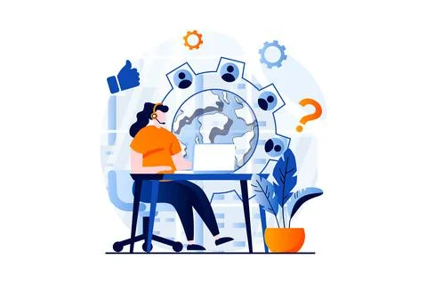 Technical support concept with people scene in flat cartoon design. Woman in Stock Illustration