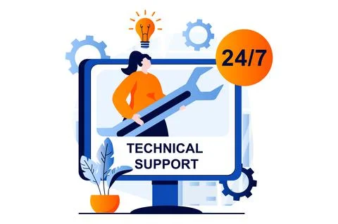 Technical support concept with people scene in flat cartoon design. Woman with Stock Illustration