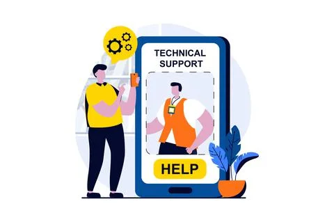 Technical support concept with people scene in flat cartoon design. Man writes Stock Illustration