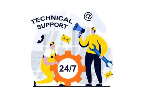Technical support concept with people scene in flat cartoon design. Tech team Stock Illustration