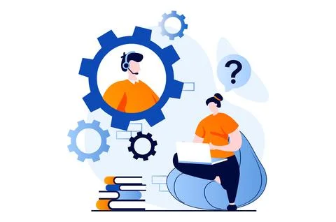 Technical support concept with people scene in flat cartoon design. Woman Stock Illustration