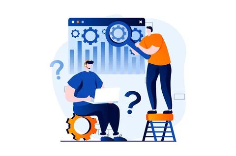 Technical support concept with people scene in flat cartoon design. Tech team Stock Illustration