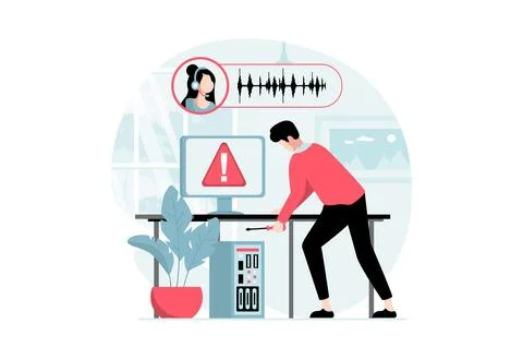 Technical support concept with people scene in flat design. Man listening t.. Stock Illustration