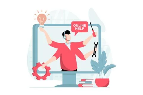 Technical support concept with people scene in flat design. Man in headset .. 库存插图