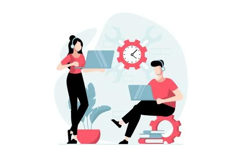 Technical support concept with people scene in flat design. Team of tech ex.. Stock Illustration