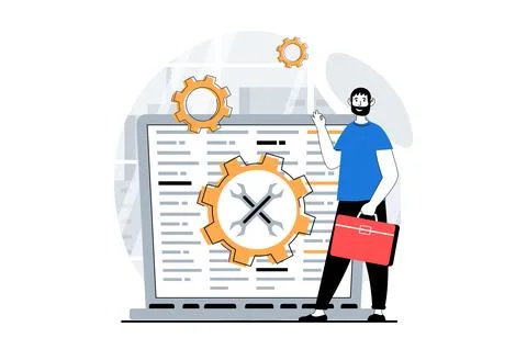 Technical support concept with people scene in flat design for web. Man consu Stock Illustration