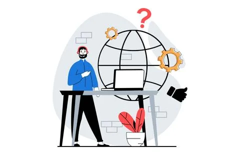 Technical support concept with people scene in flat design for web. Man answe Stock Illustration