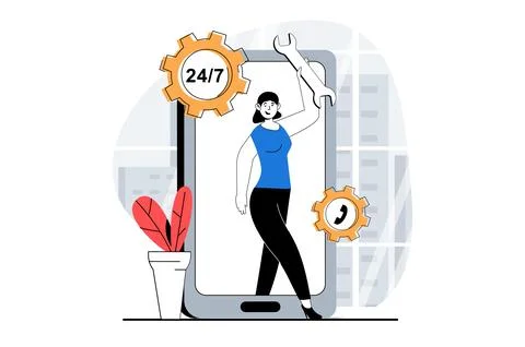 Technical support concept with people scene in flat design for web. Woman wor Stock Illustration