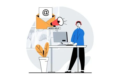 Technical support concept with people scene in flat design for web. Man answe Stock Illustration