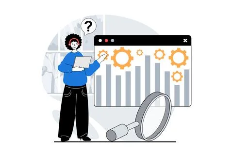 Technical support concept with people scene in flat design for web. Man searc Stock Illustration