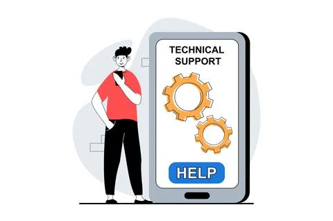 Technical support concept with people scene in flat design for web. Man calli Stock Illustration