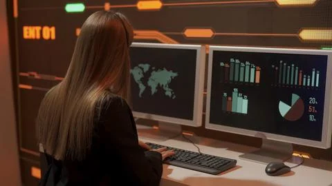 Technical support in control room. Female IT specialists in headsets work on Stock Photos