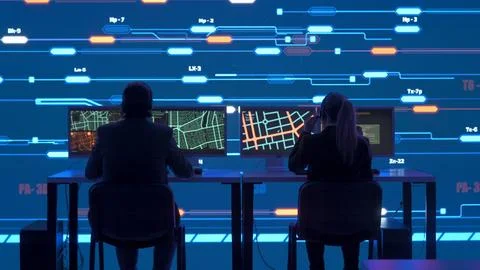 Technical support in control room. IT specialists in headsets work on computers Stock Photos