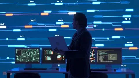 Technical support in control room. Man IT specialist with laptop at security Stock Photos