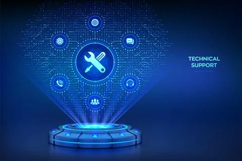 Technical support. Customer help. Customer service. Holographic platform wi.. Illustrazione stock