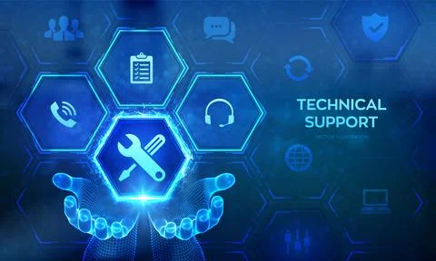 Technical support. Customer help. Tech support icon in wireframe hands. Custo イラスト素材