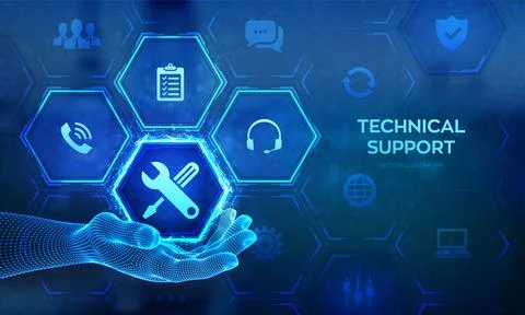 Technical support. Customer help. Tech support icon in wireframe hand. Cust.. Stock Illustration