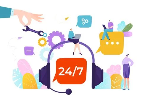 Technical support customer service, tech assistance 24 on 7 time work Stock Illustration