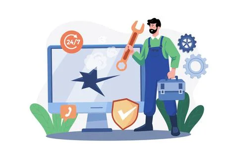 Technical support guys working on repairing computer hardware. Stock Illustration