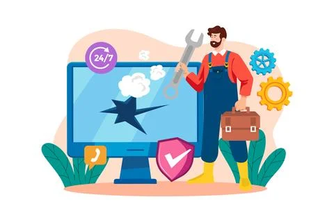 Technical Support Guys Working On Repairing Computer Hardware. Stock Illustration