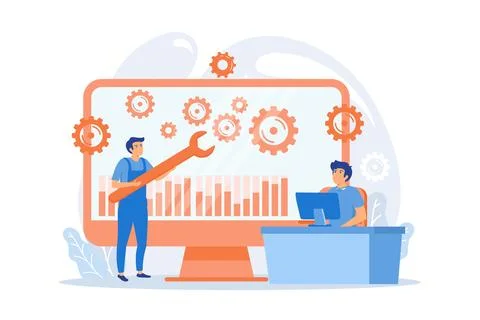 Technical support guys working on repairing a computer hardware and softwar.. Stock Illustration