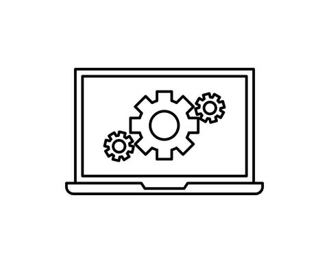 Technical support icon. Computer service. Gears on screen laptop. Isolated ve Stock Illustration